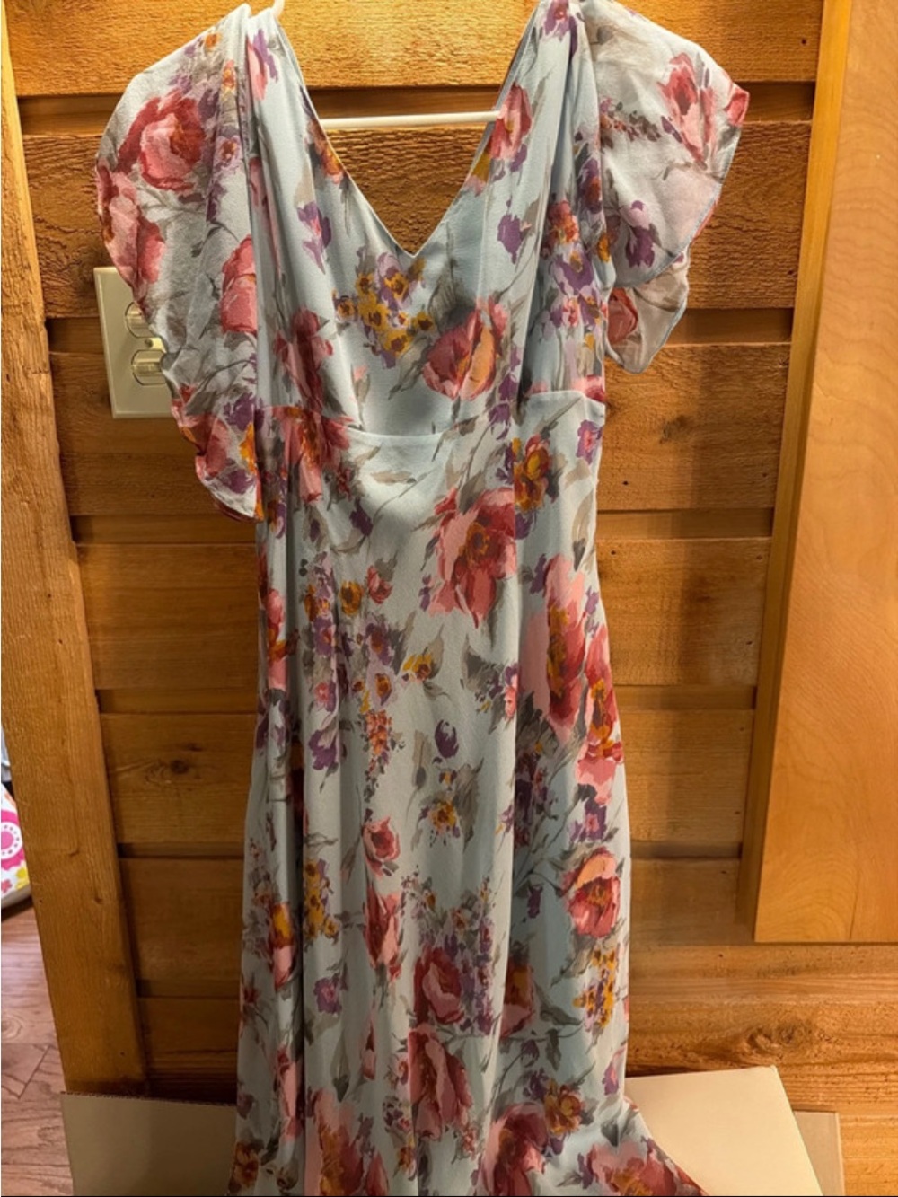 Adrianna Papell Light Blue Floral Midi Dress with Pink & Purple Accents